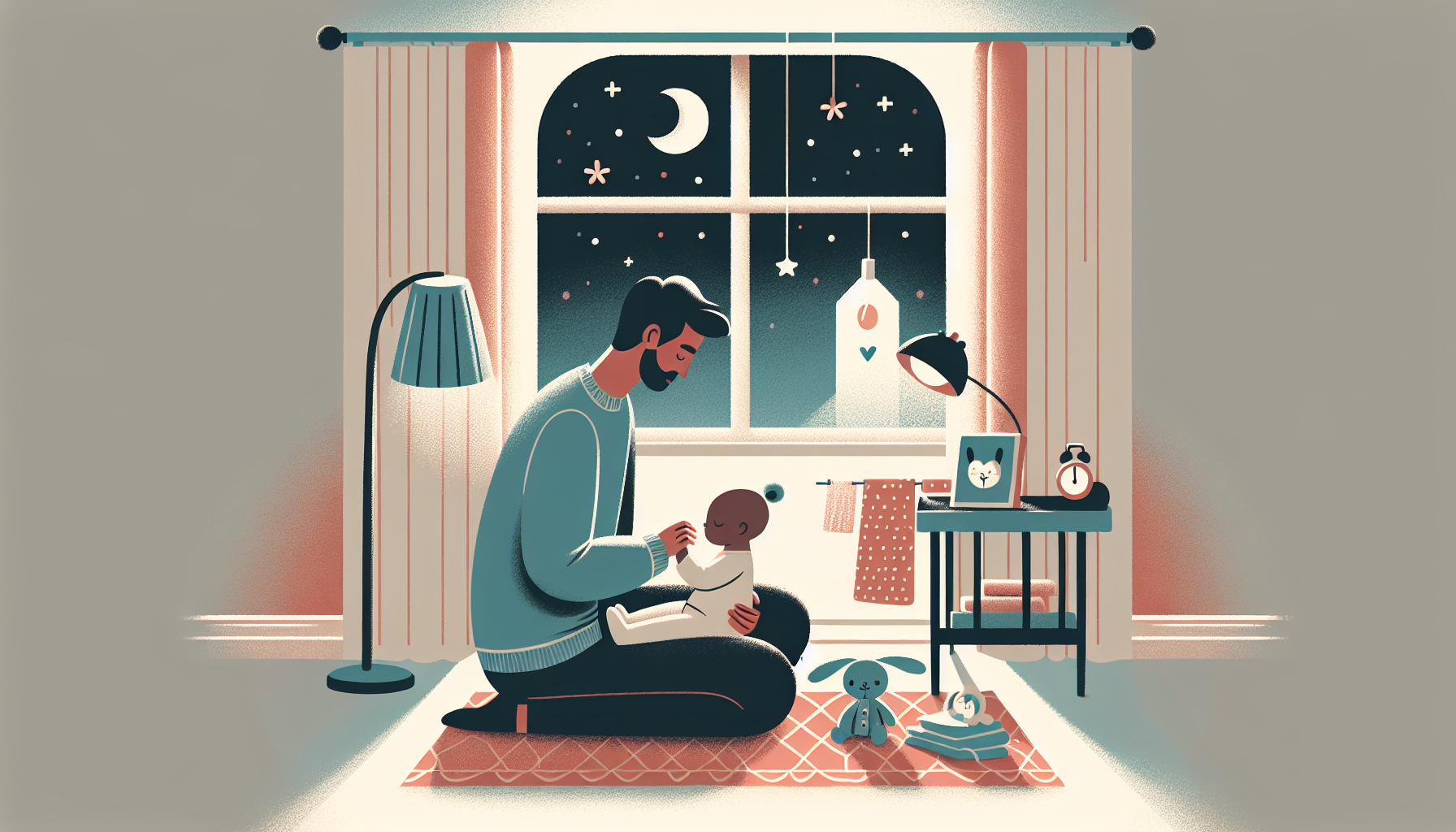 Soft illustration of a parent holding a baby in a softly lit nursery at bedtime