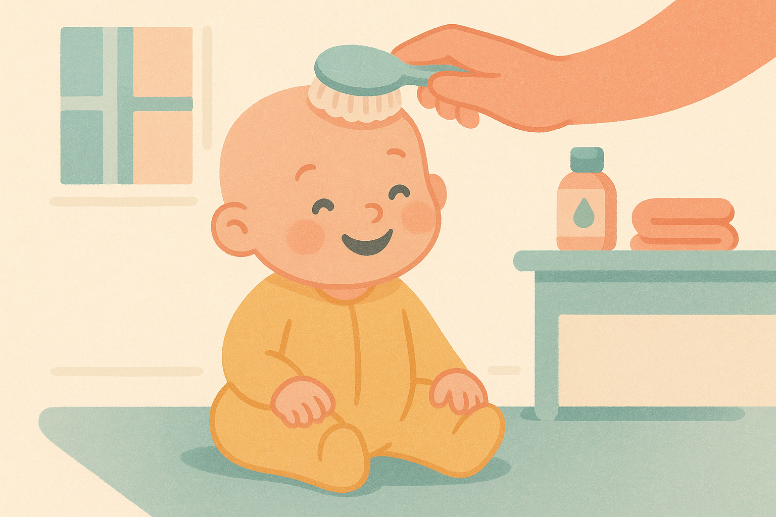 A calm baby being gently shampooed by a parent, illustrating cradle cap care