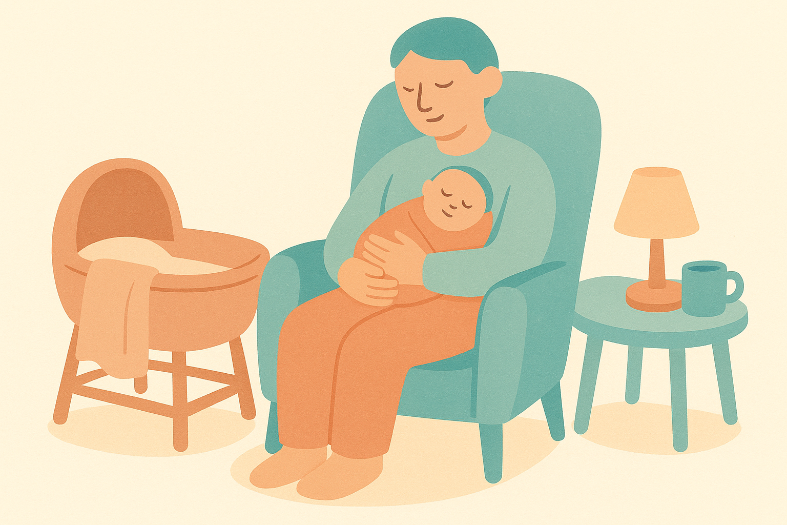 A soft illustration of a parent sitting in a cozy chair holding a sleeping baby, with an empty bassinet nearby