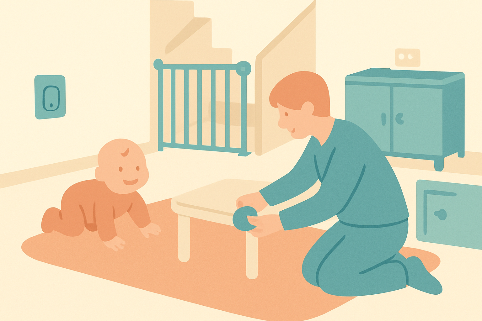 Soft illustration of a parent kneeling to fit a corner guard on a coffee table while a baby crawls nearby, with a stair gate and latched cabinet in the background