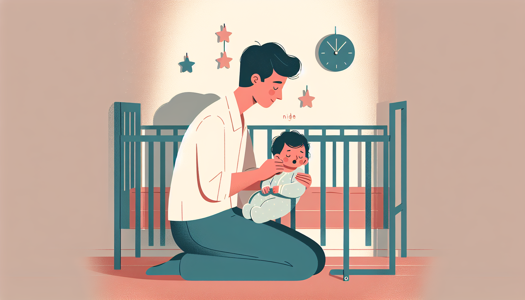 Parent soothing awake baby in dimly lit nursery at night