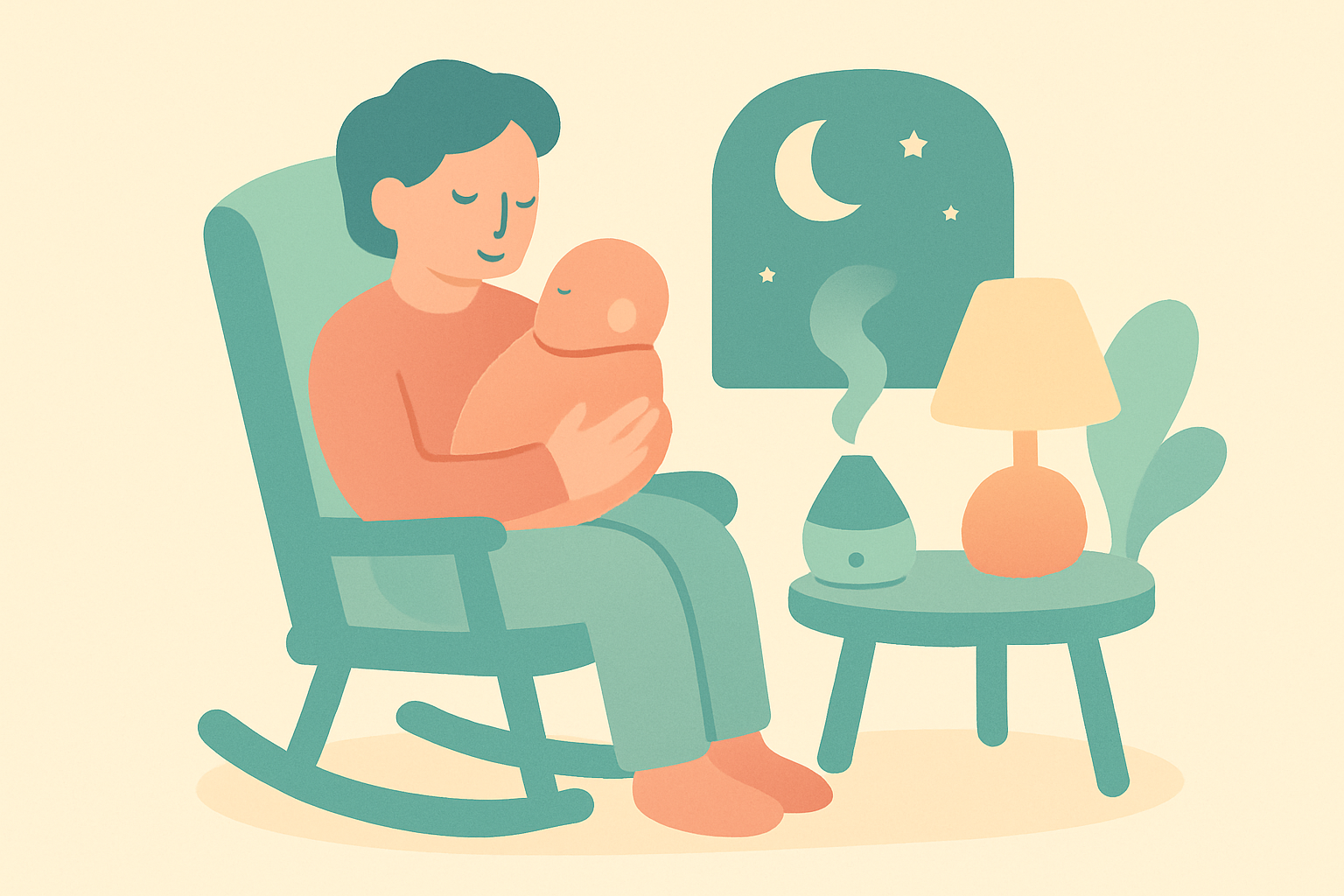 Soft illustration of a parent holding a baby upright in a cozy nursery beside a humidifier releasing gentle steam