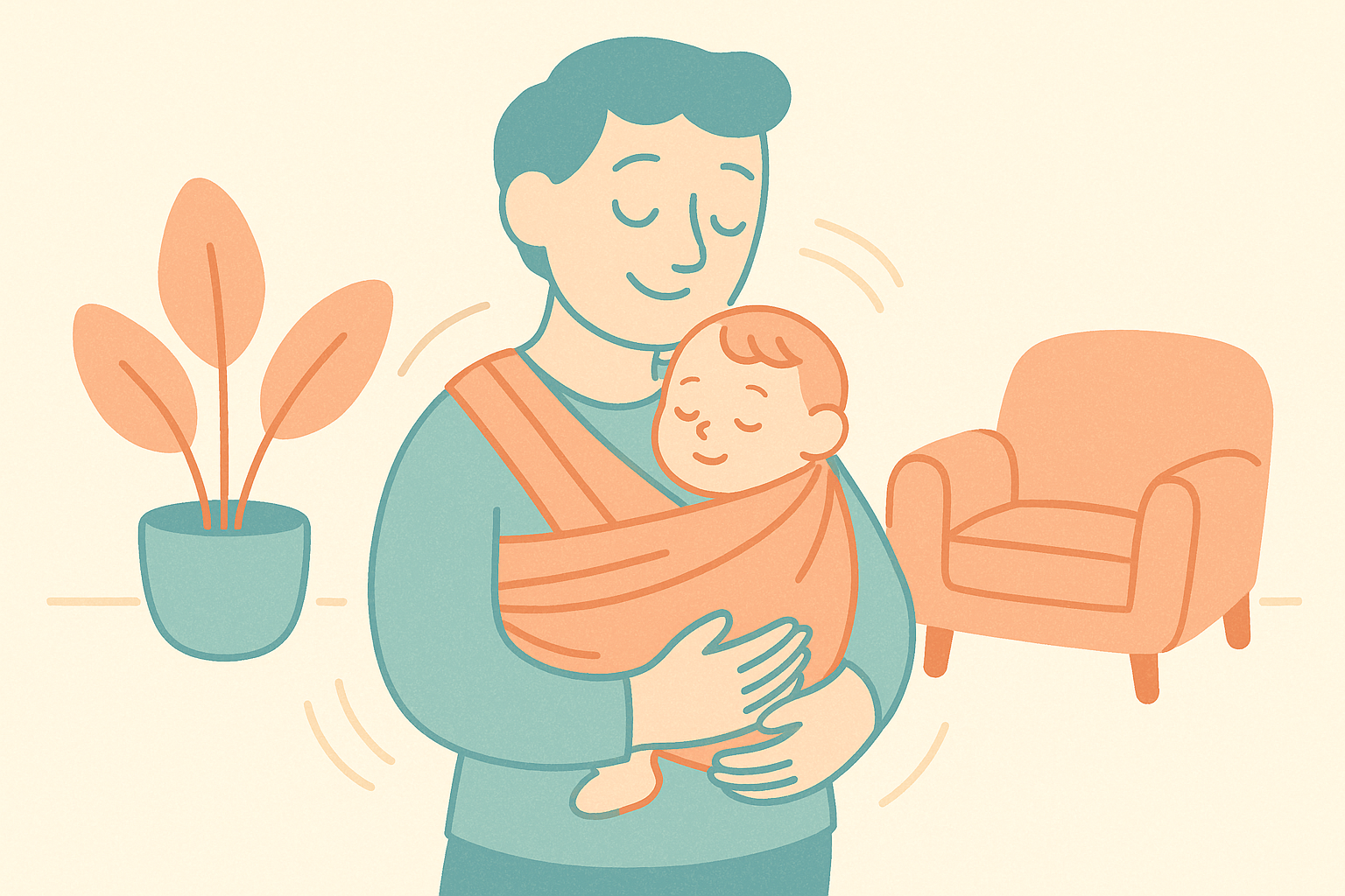 A calm parent wearing a young baby in a soft fabric wrap close to their chest at home