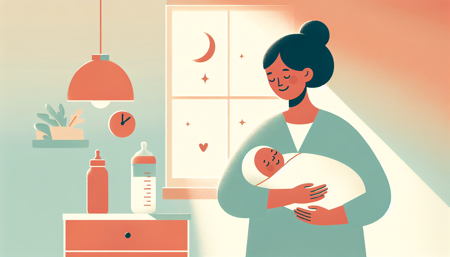 A calm parent holding a sleeping newborn near a sunny window, soft pastel illustration
