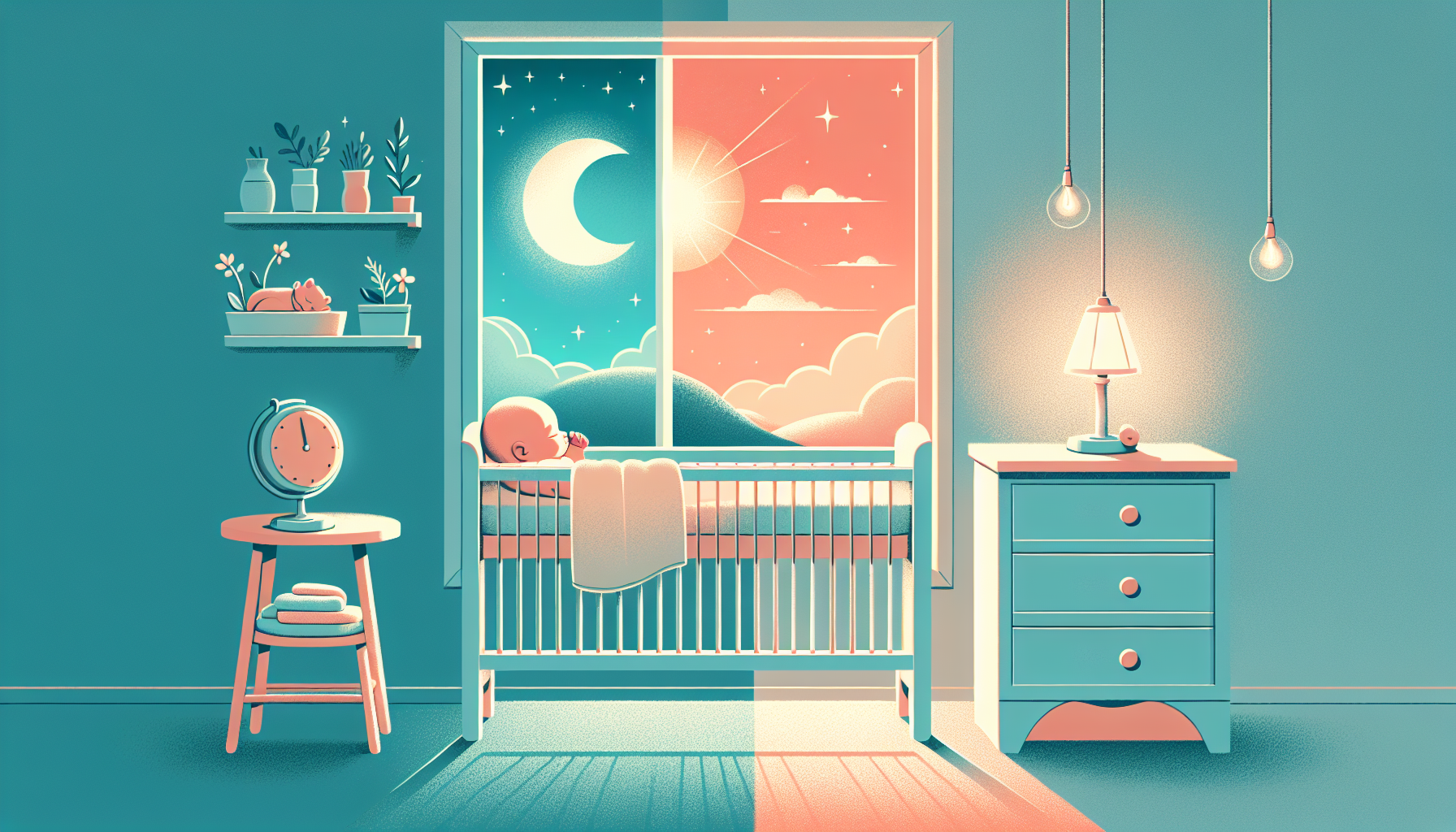 A peaceful nursery at twilight with a sleeping newborn, a window split between day and night, and a soft glowing nightlight
