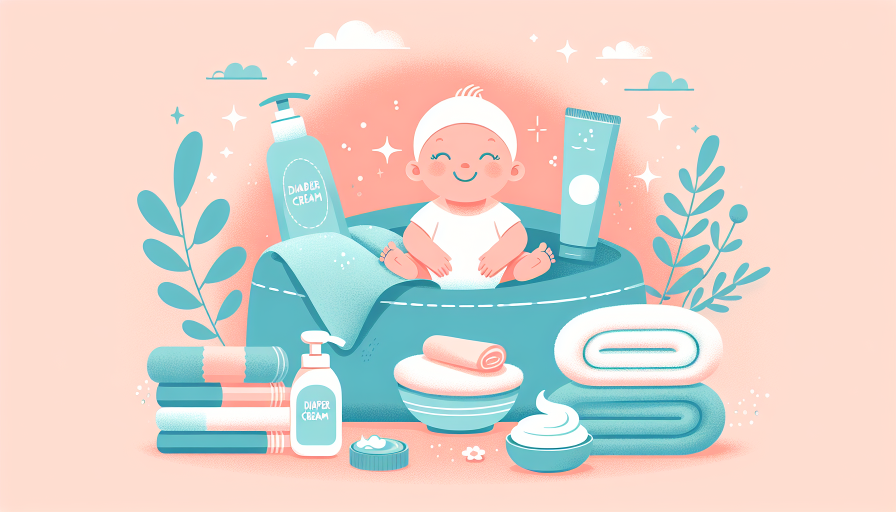 Gentle baby care scene with soft towels and diaper cream