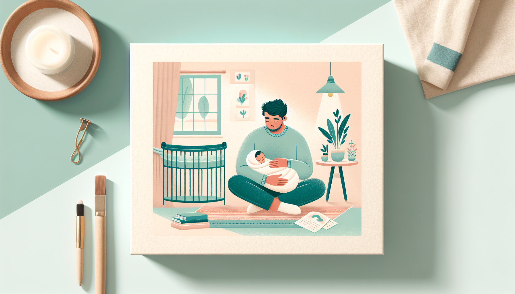 Soft illustration of a parent holding a sleeping newborn at home with a soft blanket and a window of warm morning light