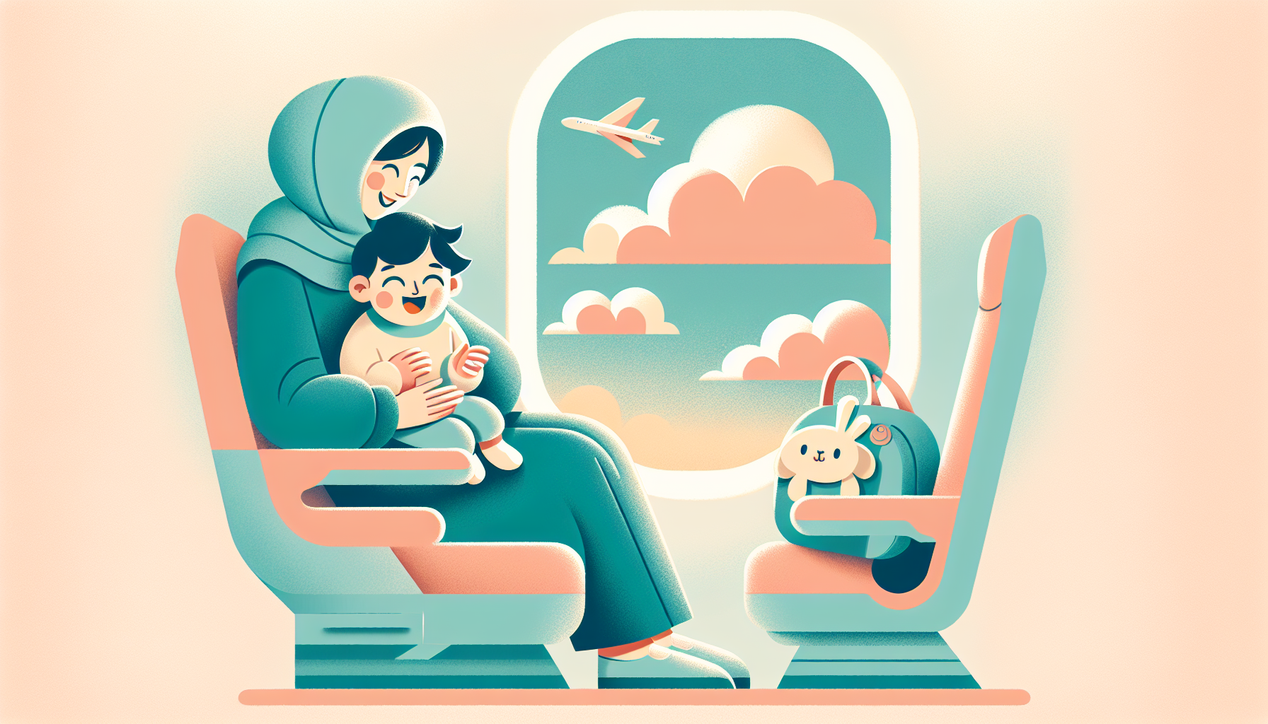 Soft illustration of a parent holding a baby in a window seat on a plane with a small carry on bag and a stuffed animal