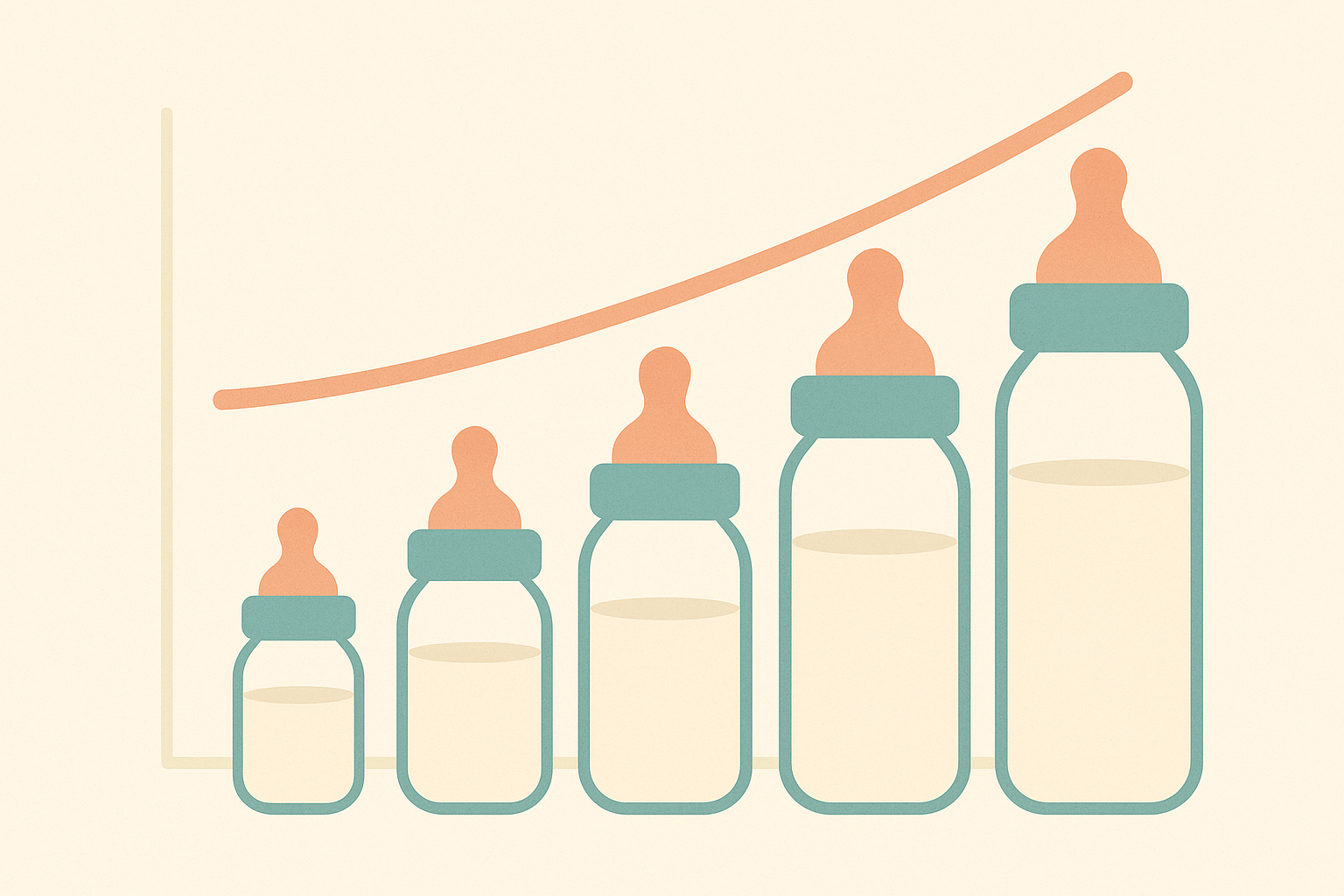 Soft illustration of baby bottles of different sizes next to a growth chart