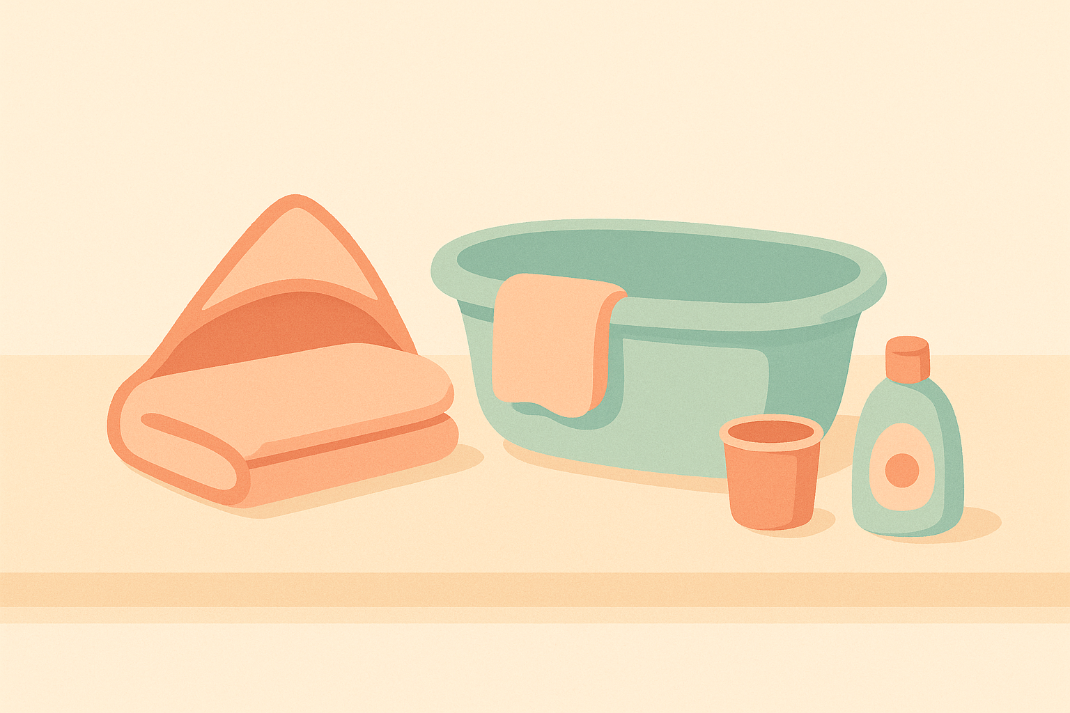 A soft illustration of a pastel baby bathtub on a counter with a folded hooded towel, washcloth, rinsing cup, and bottle of gentle baby wash