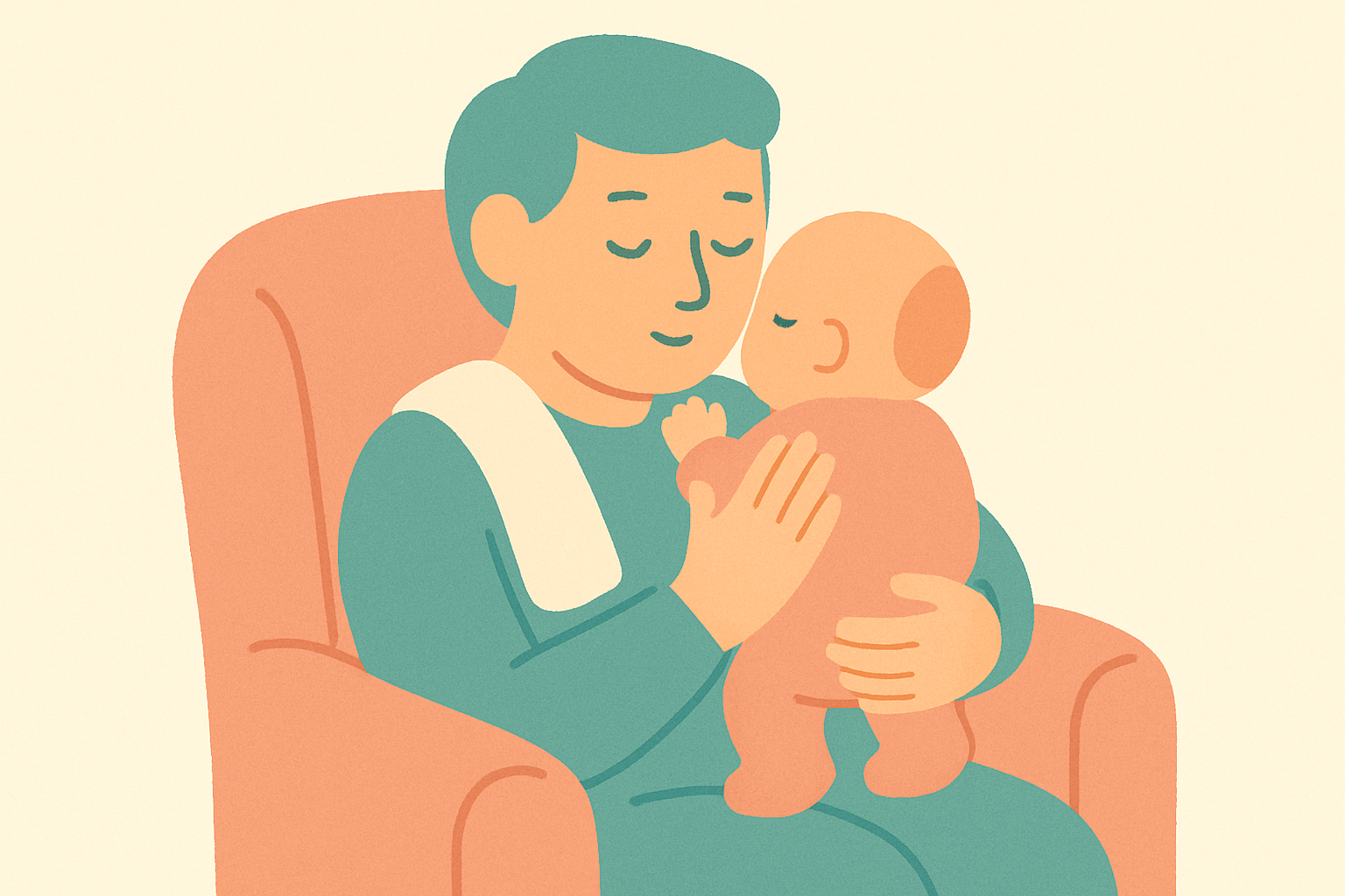 Soft illustration of a parent holding a baby upright against their shoulder and patting their back to burp them