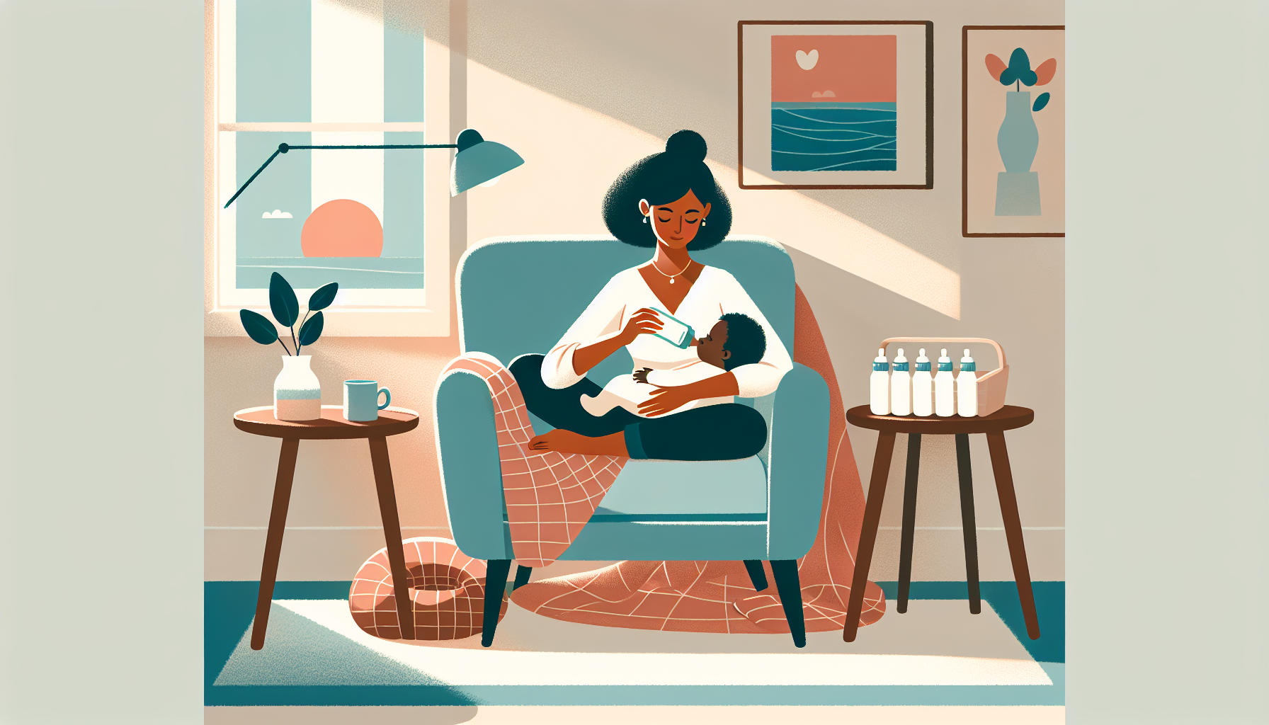 Soft illustration of a parent calmly bottle feeding a baby in a sunny living room with a basket of bottles nearby