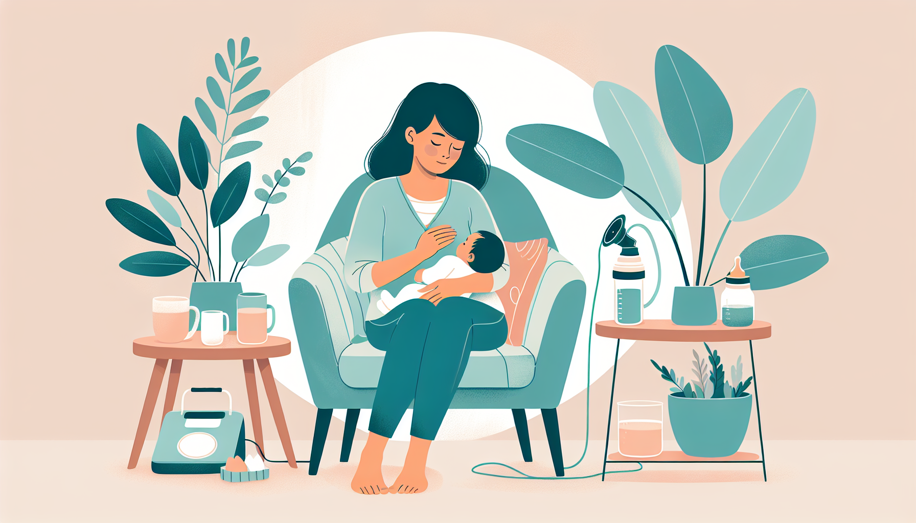 Soft illustration of a calm parent nursing a baby in a cozy armchair with a glass of water, warm tea, and snacks on a side table