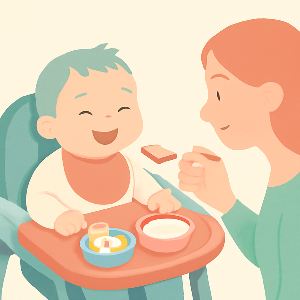 Smiling baby in a high chair trying small portions of allergen-friendly first foods while a parent offers a spoon