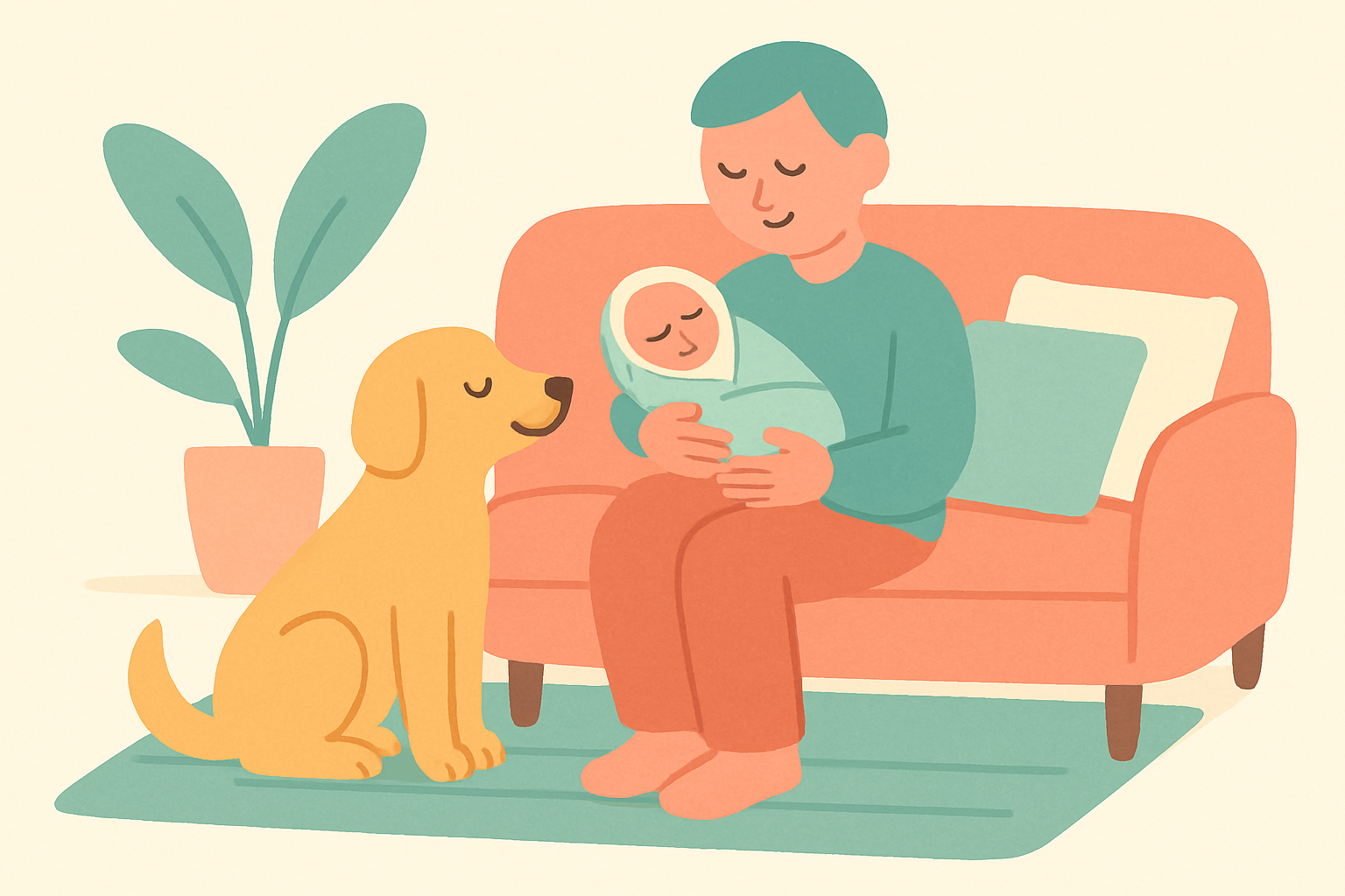 Illustration of a calm dog sitting beside a parent holding a swaddled newborn on a sofa