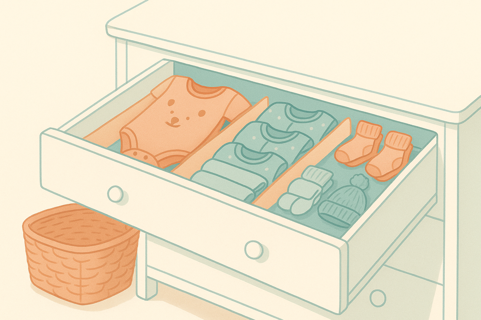 An open white dresser drawer filled with tiny folded baby clothes neatly sorted by size with soft dividers