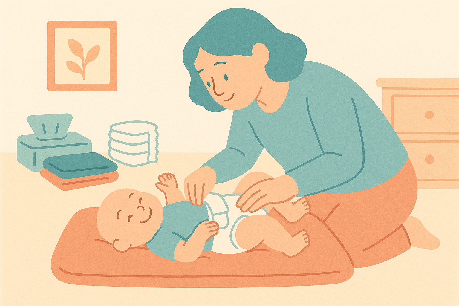 Soft illustration of a parent gently checking a baby's diaper fit on a changing mat