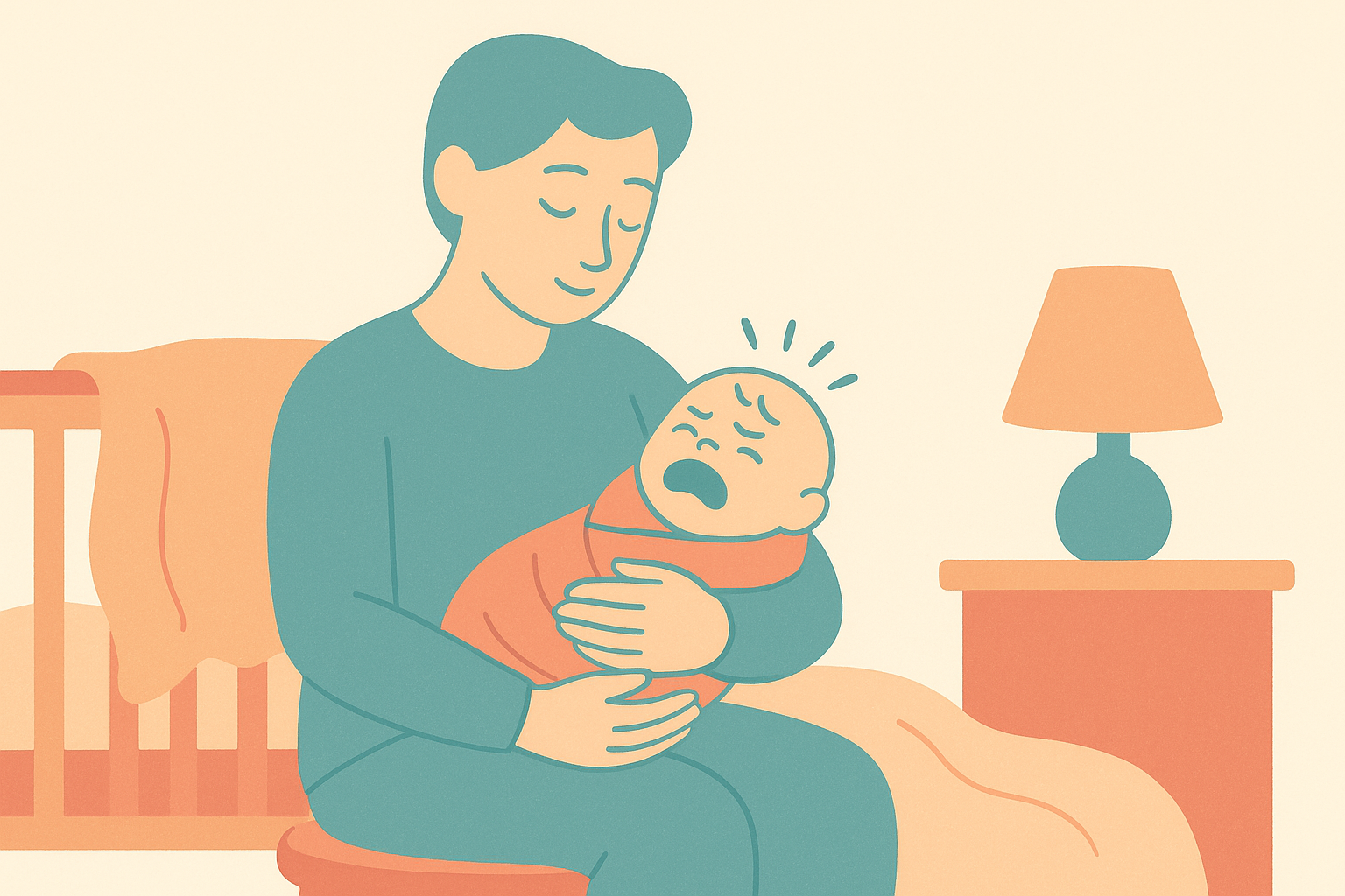 A calm parent gently rocking and soothing a swaddled baby in a cozy nursery