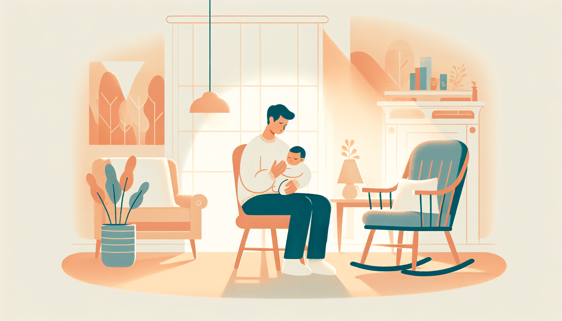 Soft illustration of a parent gently holding and comforting a baby in a calm nursery
