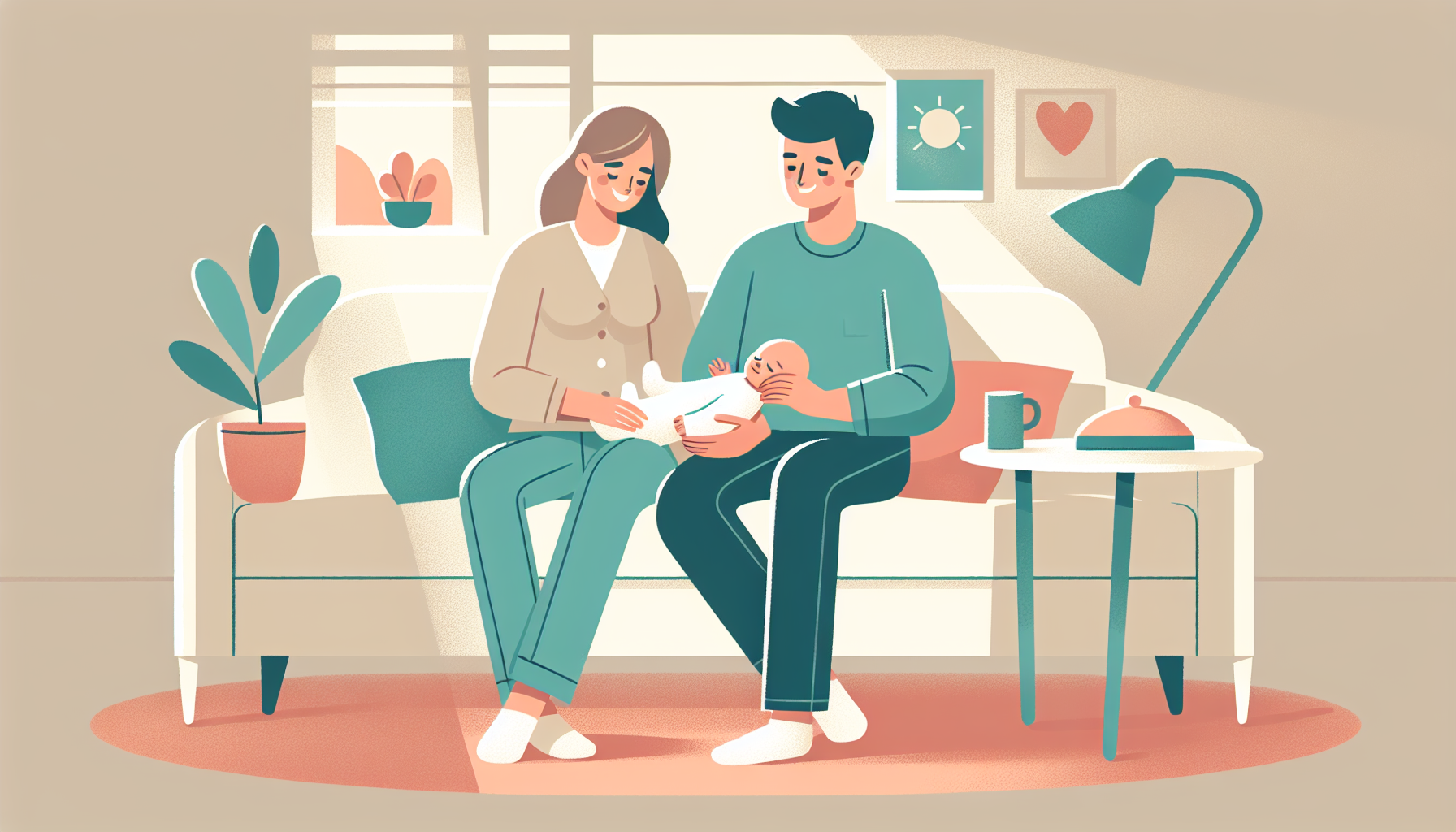 Soft illustration of two parents handing off a baby with a checklist between them in a sunny living room
