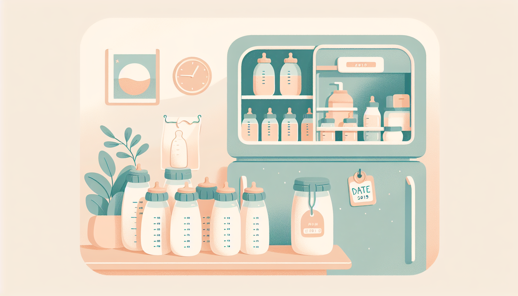 Soft illustration of labeled breast milk storage bags and bottles arranged on a kitchen counter beside an open refrigerator