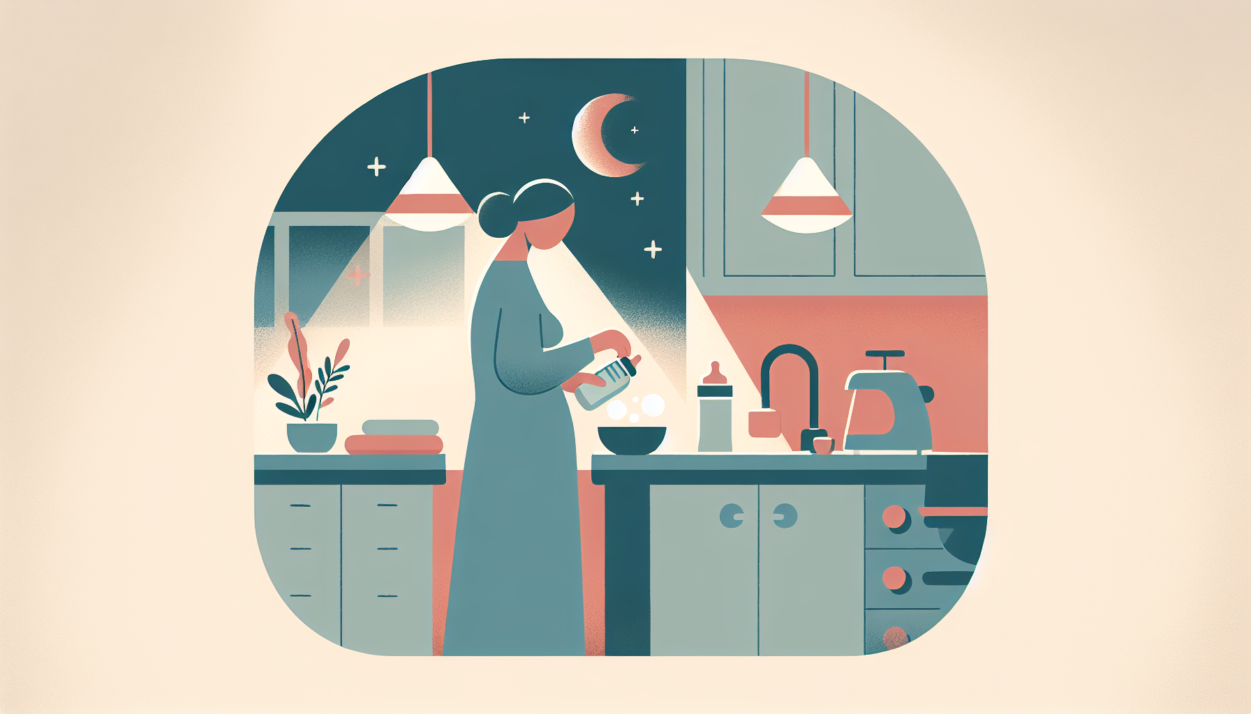 Soft illustration of a baby bottle resting in a bowl of warm water on a cozy kitchen counter