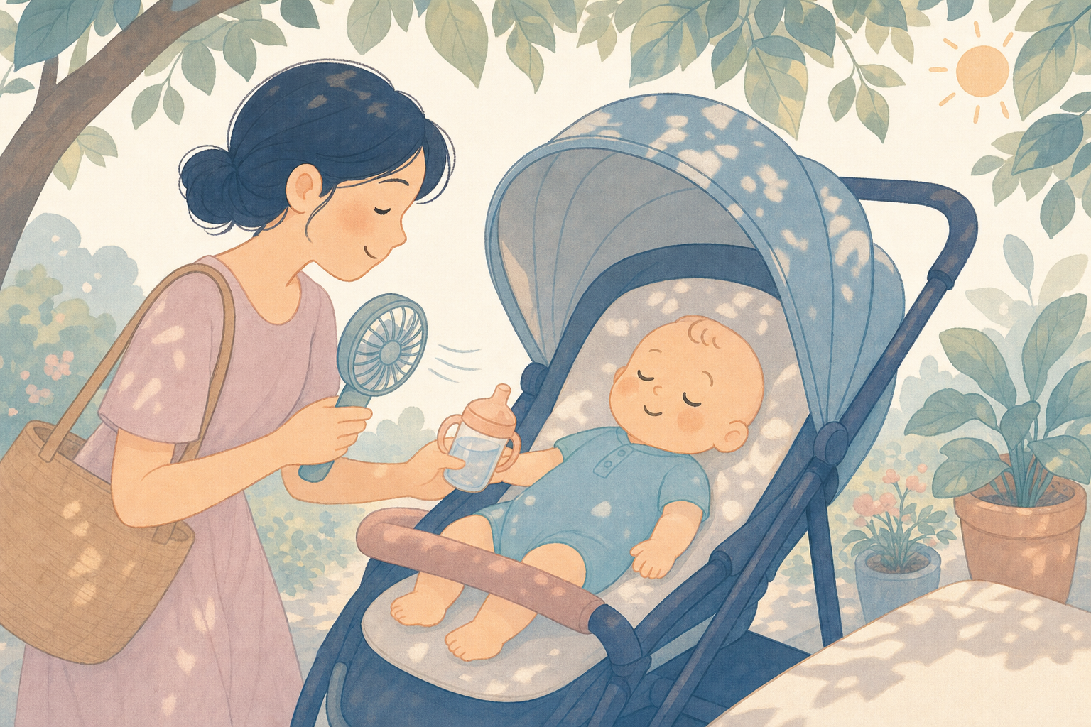 Soft illustration of a baby resting comfortably in a shaded stroller on a warm summer day