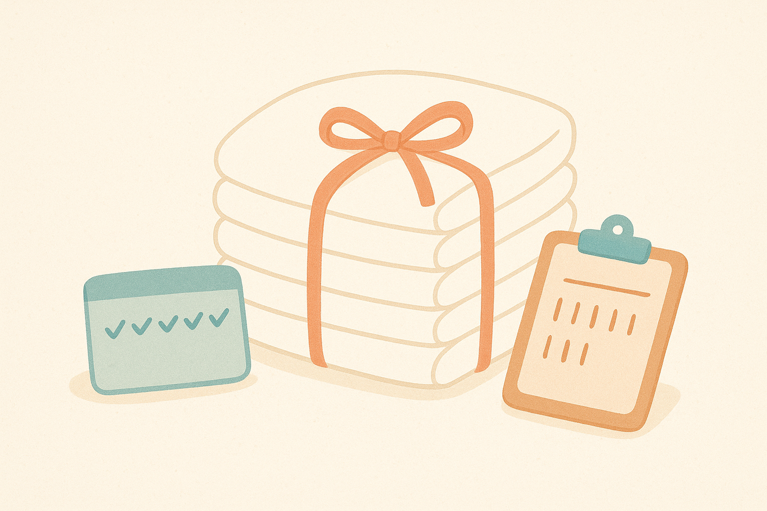 Soft illustration of a stack of clean newborn diapers, a small calendar, and a checklist on a creamy background