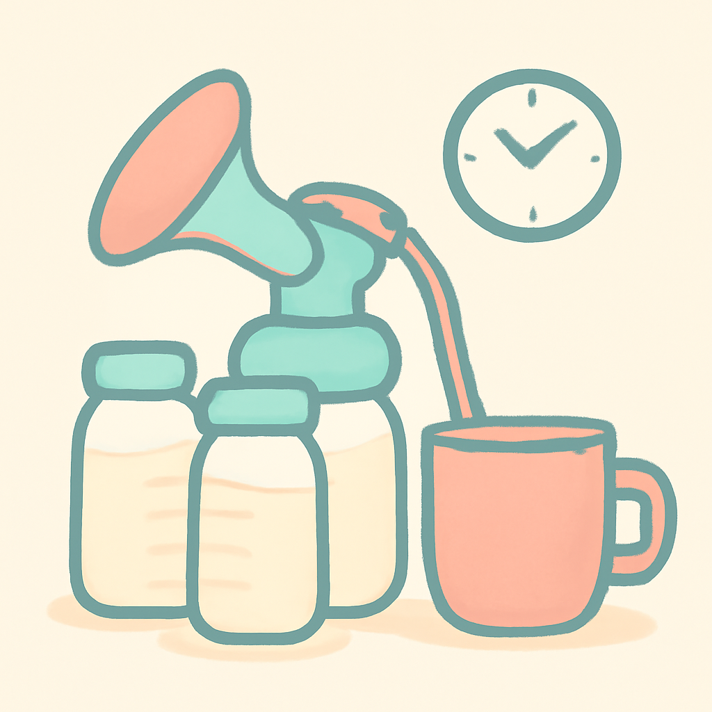 Soft illustration of a breast pump, two milk bottles, and a small clock on a tidy desk