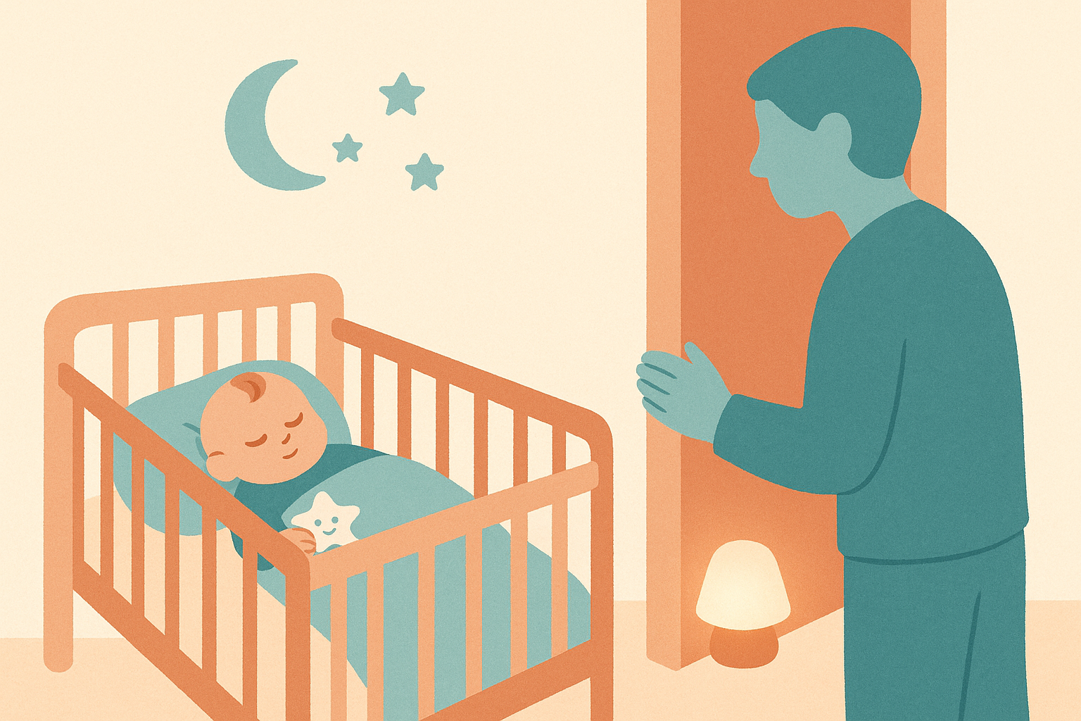 A peaceful nursery at dusk with a sleeping baby in a crib, soft pastel lighting, and a parent gently leaving the room