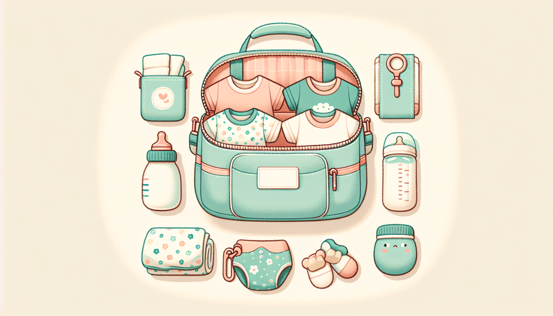 Illustration of an organized diaper bag with baby essentials arranged beside it
