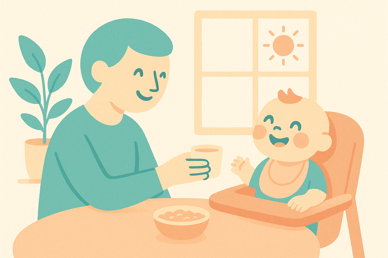 Illustration of a parent offering a small open cup of water to a smiling baby in a high chair at a sunny kitchen table