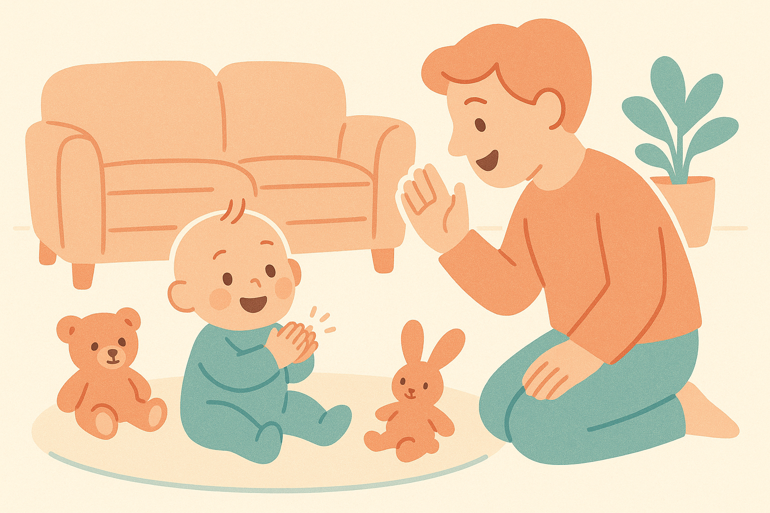 Illustration of a smiling baby sitting on a soft rug clapping their hands while a parent waves back from across the room