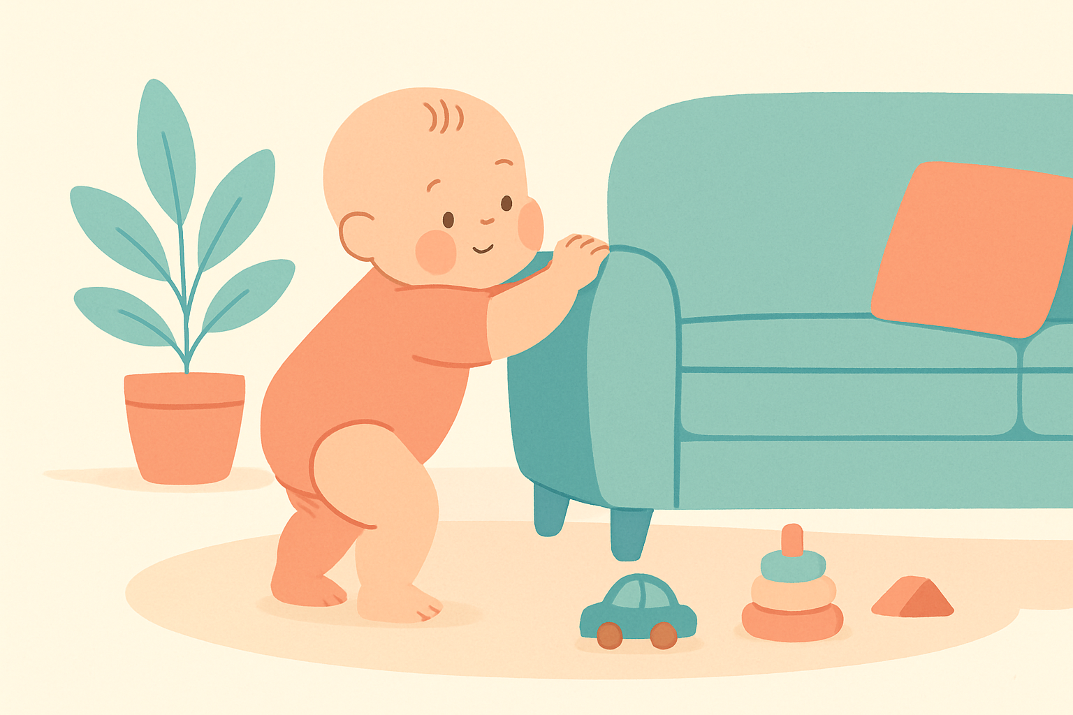 Soft illustration of a baby holding onto the edge of a low couch and pulling up to stand on wobbly legs in a cozy living room