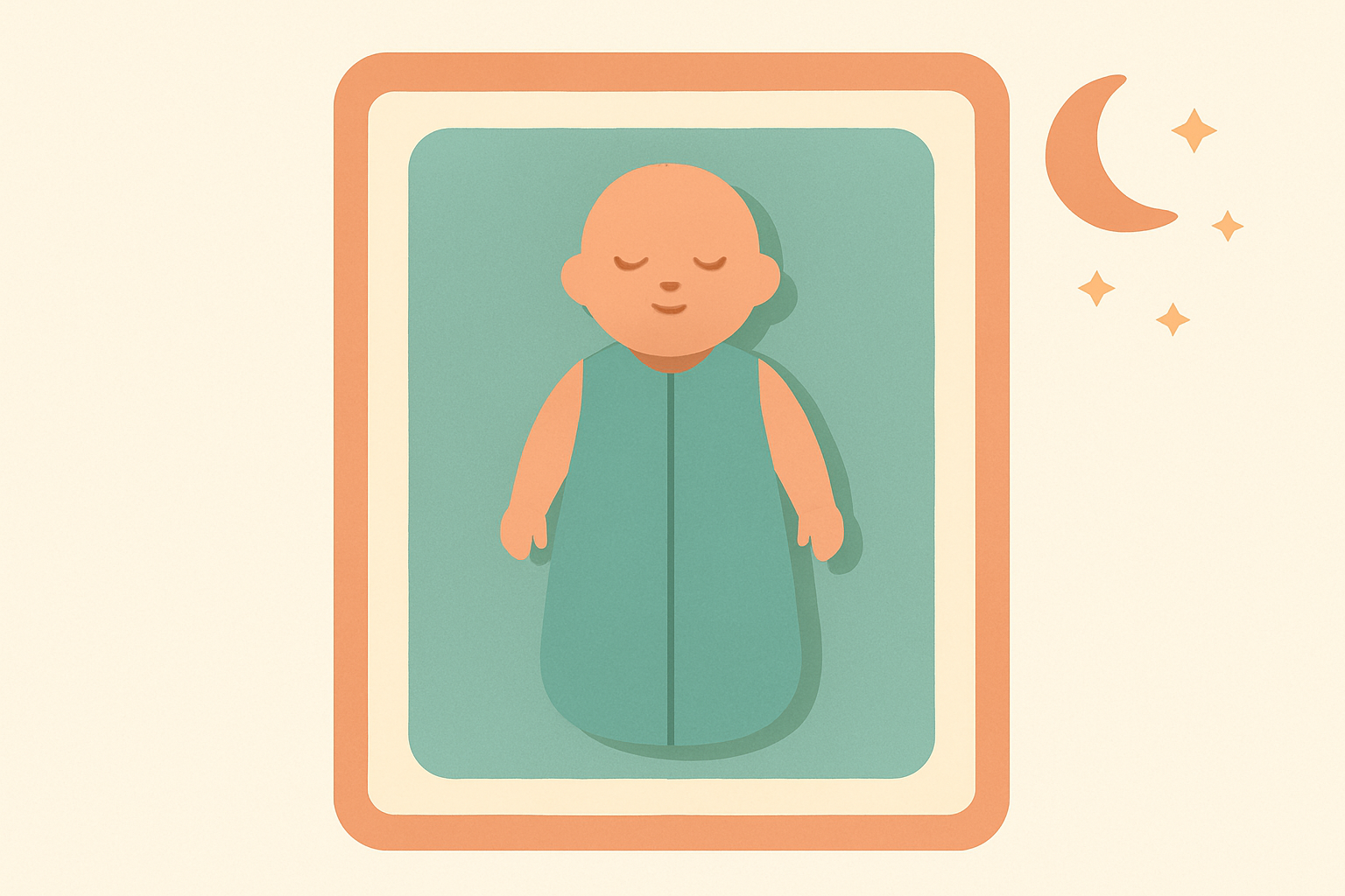 Soft illustration of a baby sleeping on their back in a sleep sack in an empty crib, with a crescent moon and stars nearby