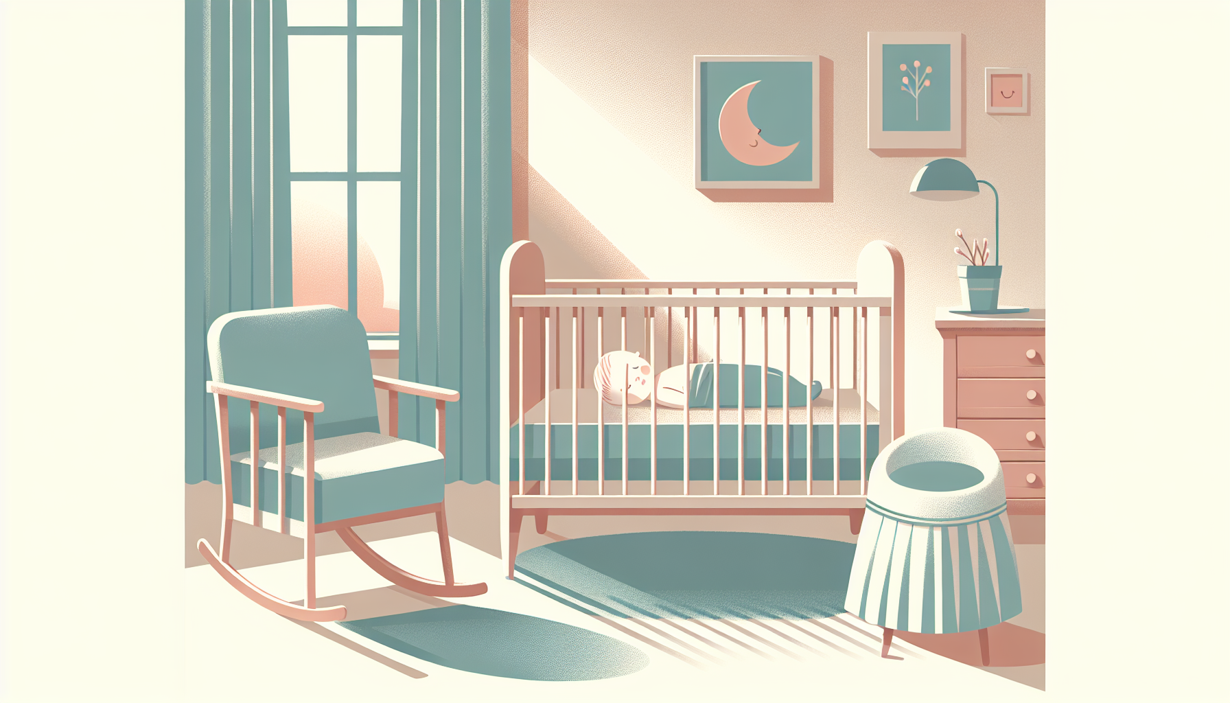A peaceful baby sleeping in a wooden crib at night, soft pastel illustration in teal and warm coral tones