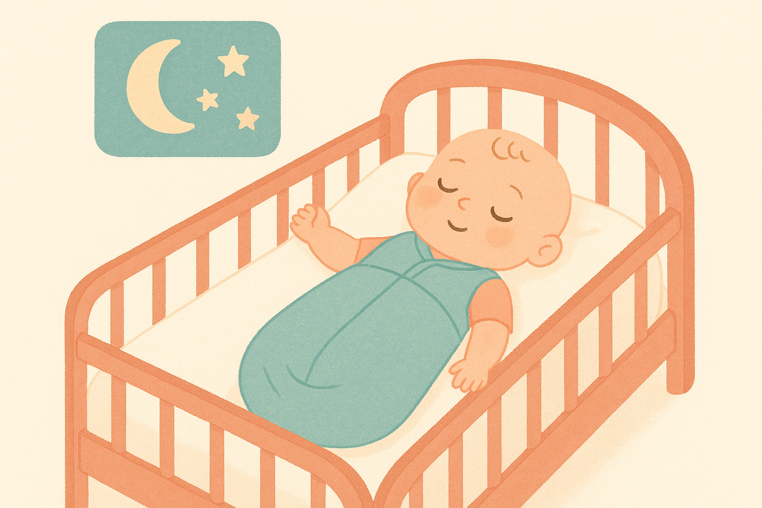 Soft illustration of a sleeping baby in a crib gently transitioning out of a swaddle into a sleep sack