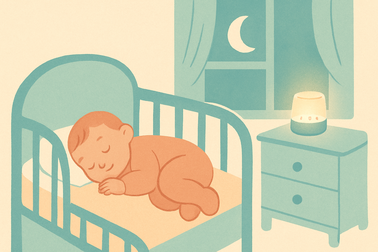 A peaceful baby sleeping in a softly lit nursery with a small sound machine on a dresser across the room