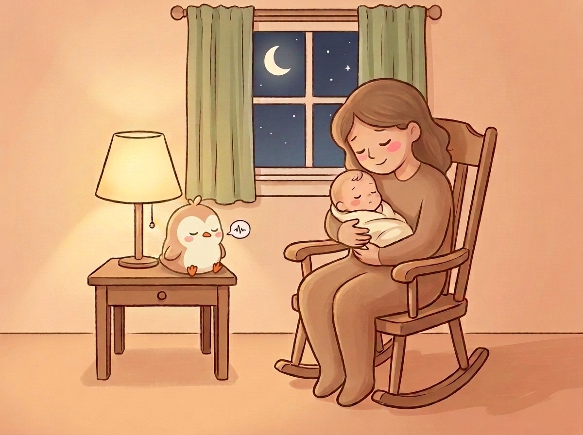 Illustration of a parent feeding a baby at 3am while Pippy listens and logs