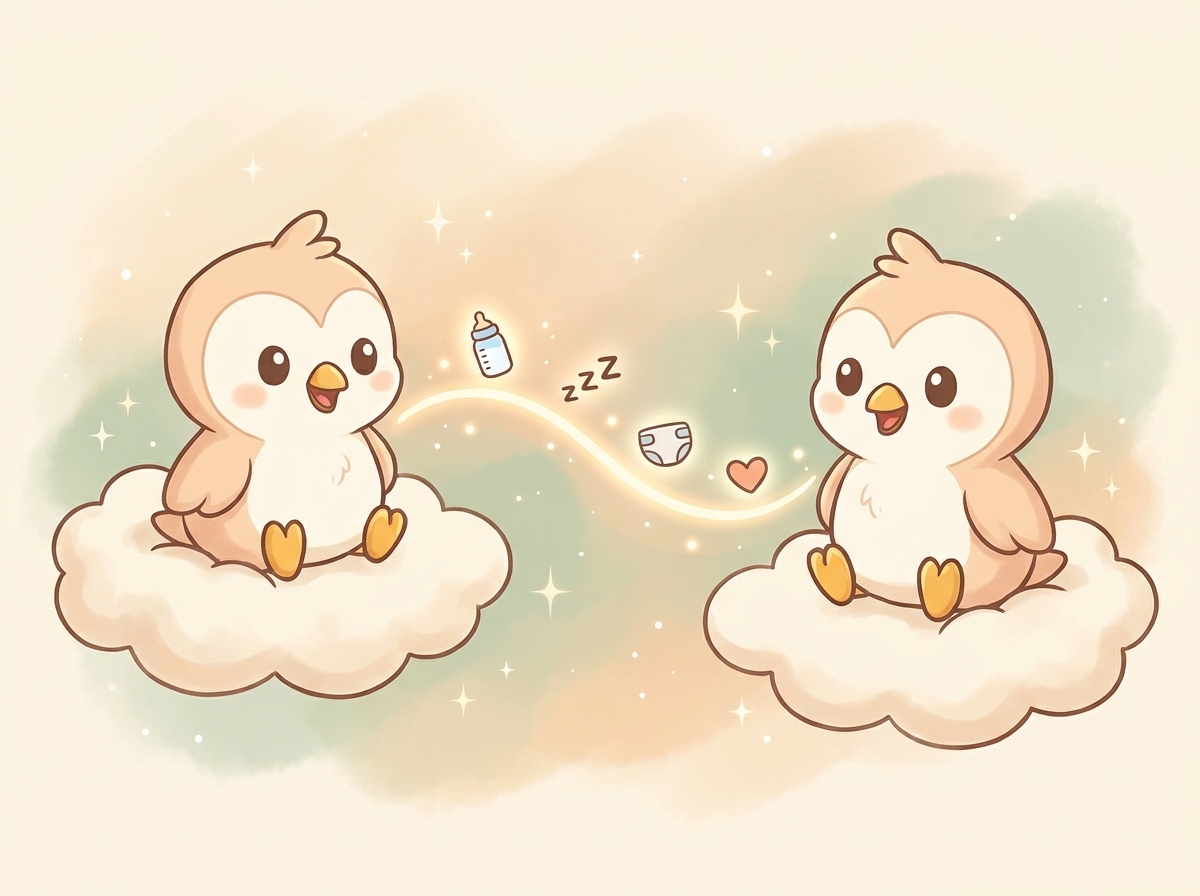 Two Pippy characters connected by a glowing line of baby care icons, representing co-parent sync