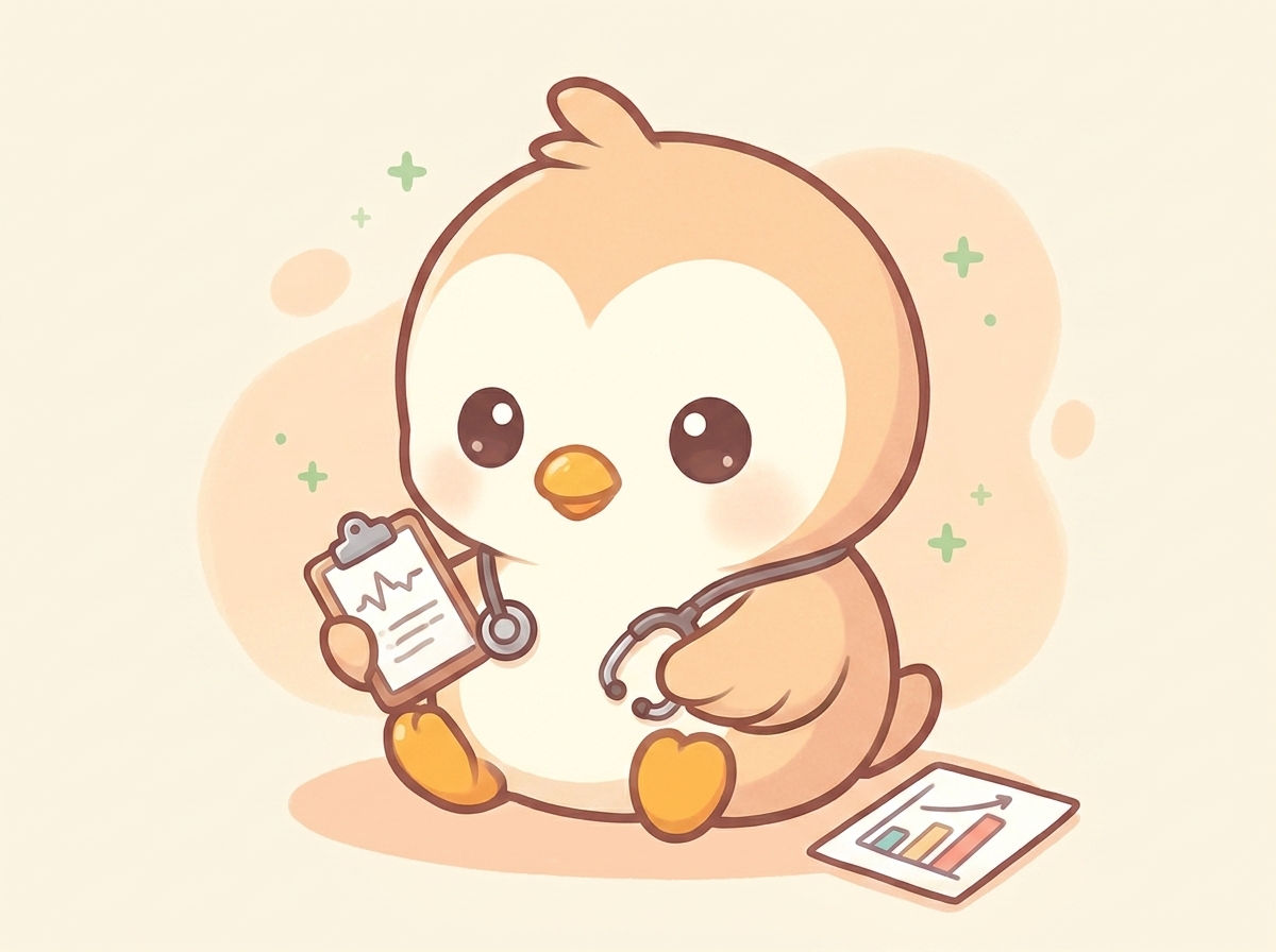 Pippy wearing a stethoscope holding a clipboard, with a small baby growth chart nearby